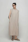Oversized Padded Shoulder Acetate Sleeveless Shirt Dress