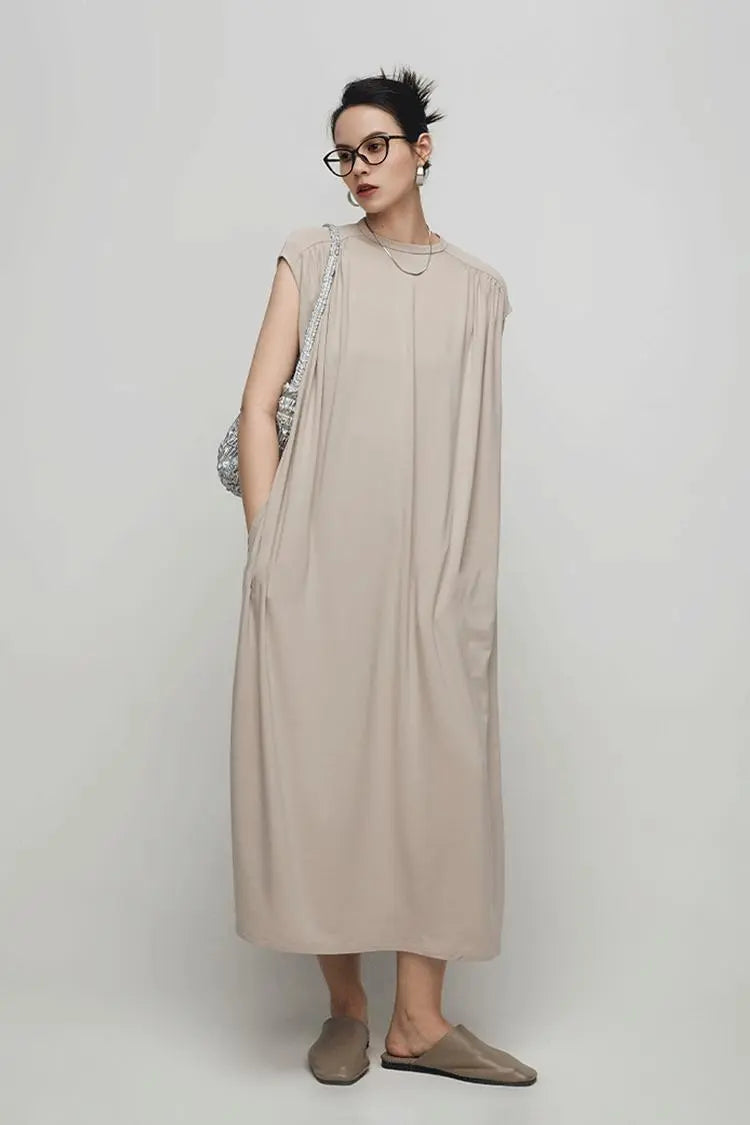 Oversized Padded Shoulder Acetate Sleeveless Shirt Dress