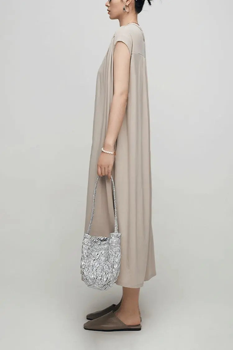 Oversized Padded Shoulder Acetate Sleeveless Shirt Dress