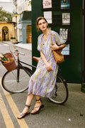 Purple Silk Double Crepe Abstract-Print Midi Dress