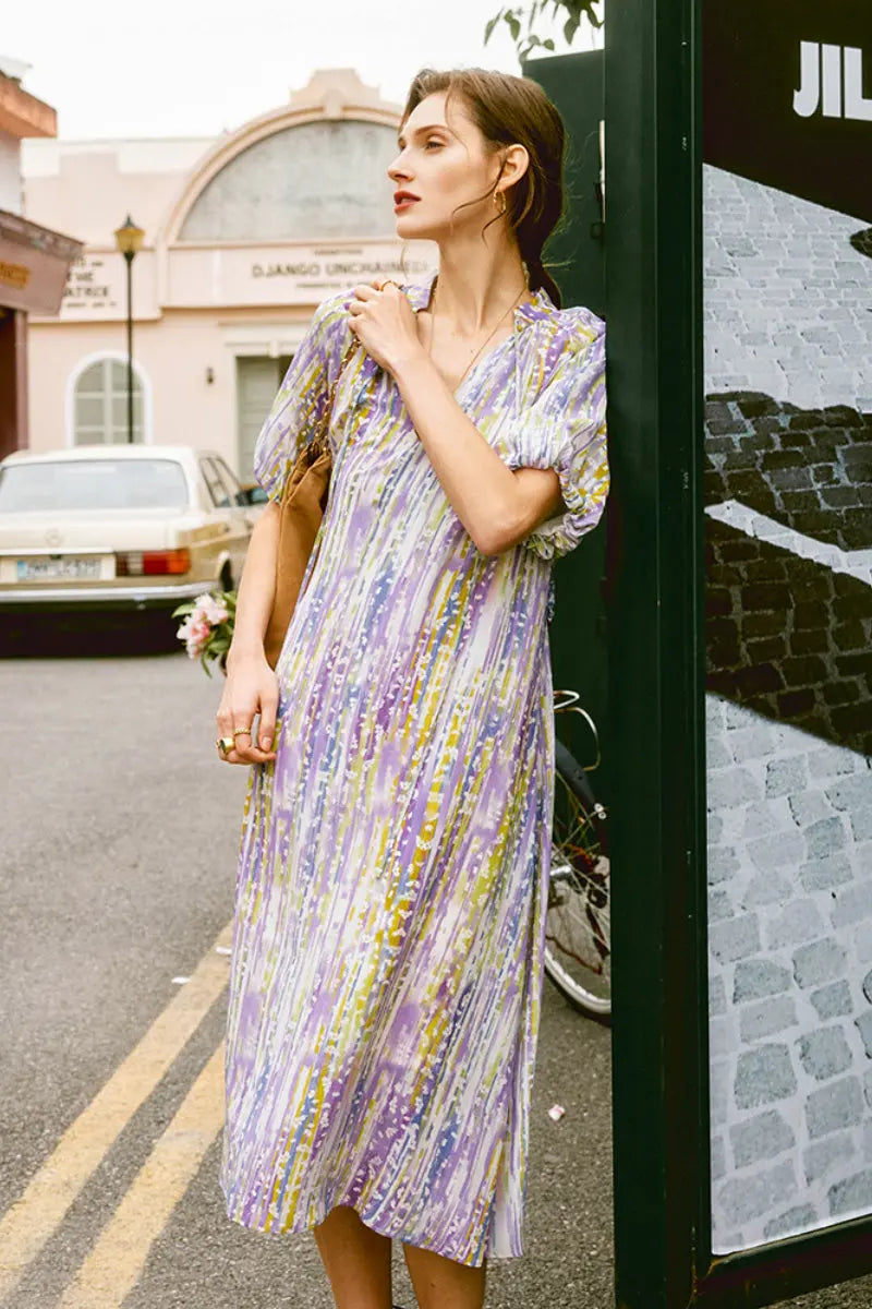 Purple Silk Double Crepe Abstract-Print Midi Dress