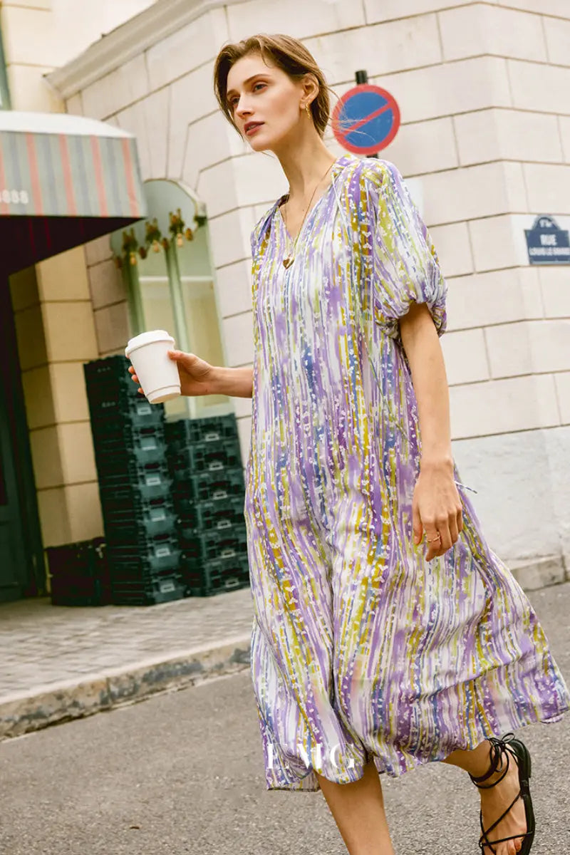Purple Silk Double Crepe Abstract-Print Midi Dress