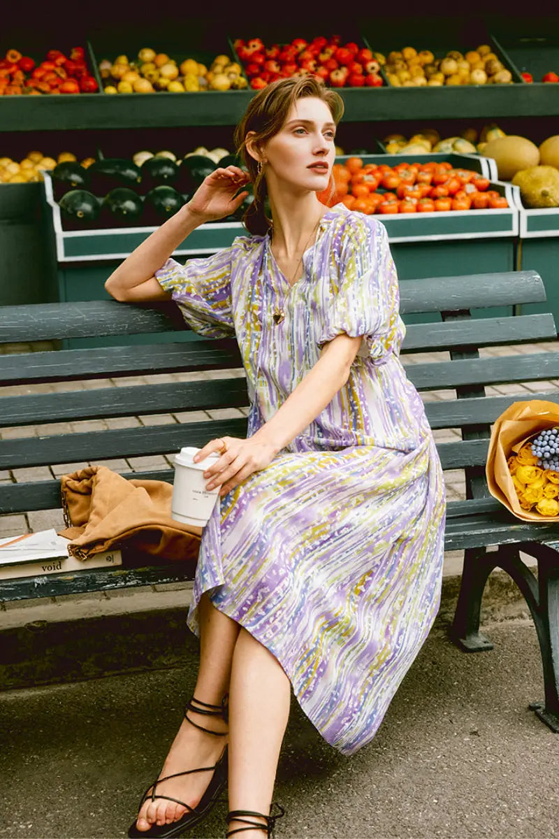 Purple Silk Double Crepe Abstract-Print Midi Dress