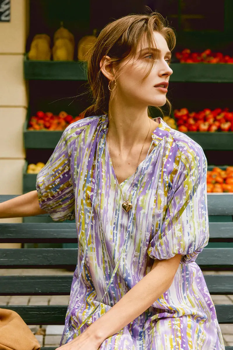 Purple Silk Double Crepe Abstract-Print Midi Dress