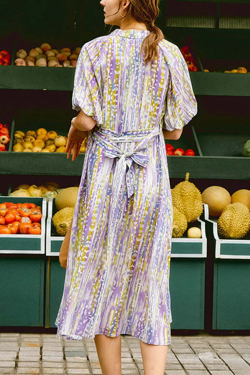 Purple Silk Double Crepe Abstract-Print Midi Dress