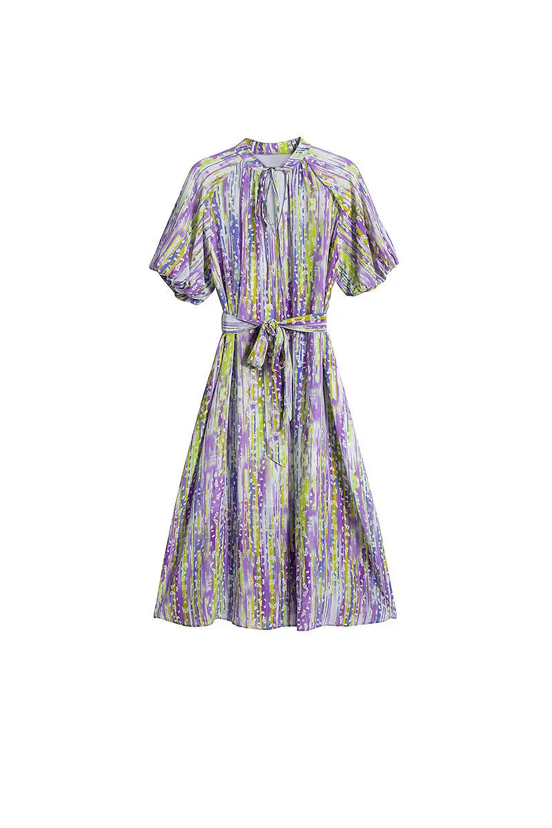 Purple Silk Double Crepe Abstract-Print Midi Dress