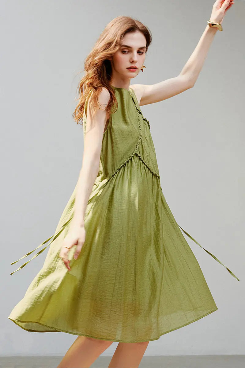 Sage Green Lyocell Sleeveless Ruffle-Detail Midi Dress