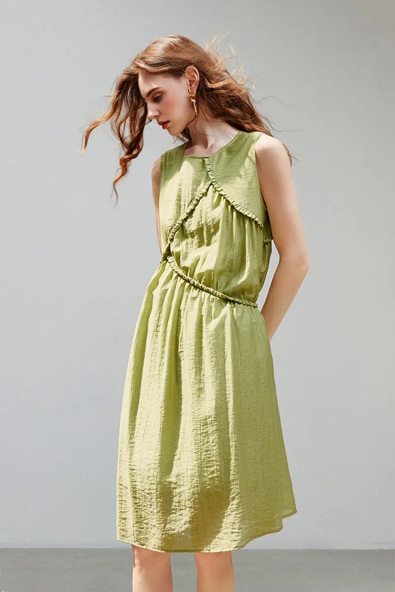 Sage Green Lyocell Sleeveless Ruffle-Detail Midi Dress