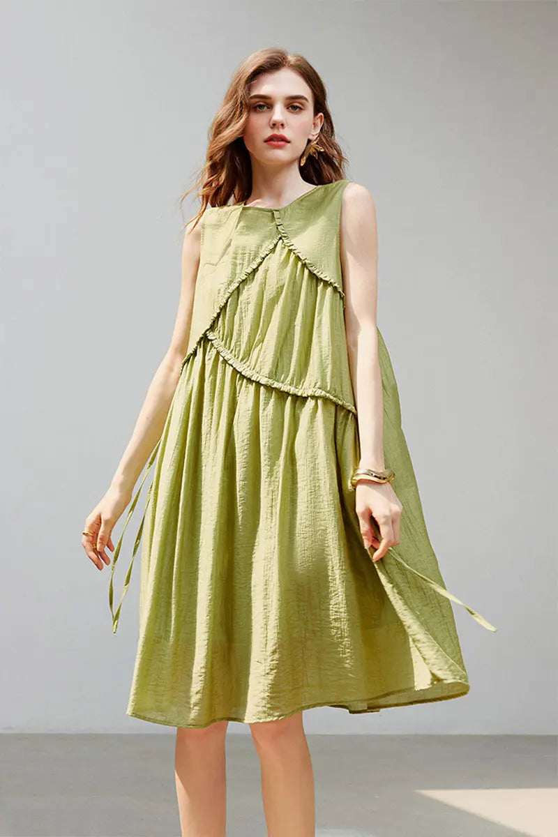 Sage Green Lyocell Sleeveless Ruffle-Detail Midi Dress