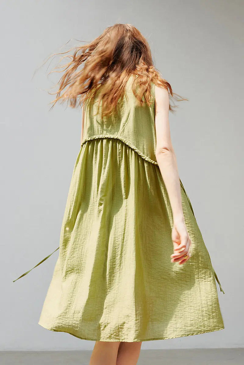 Sage Green Lyocell Sleeveless Ruffle-Detail Midi Dress