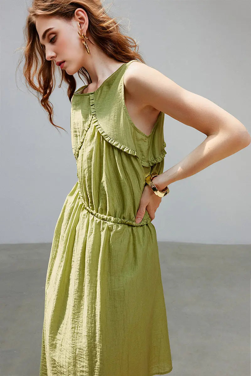 Sage Green Lyocell Sleeveless Ruffle-Detail Midi Dress