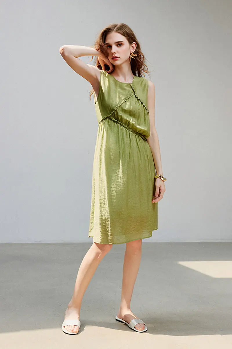 Sage Green Lyocell Sleeveless Ruffle-Detail Midi Dress