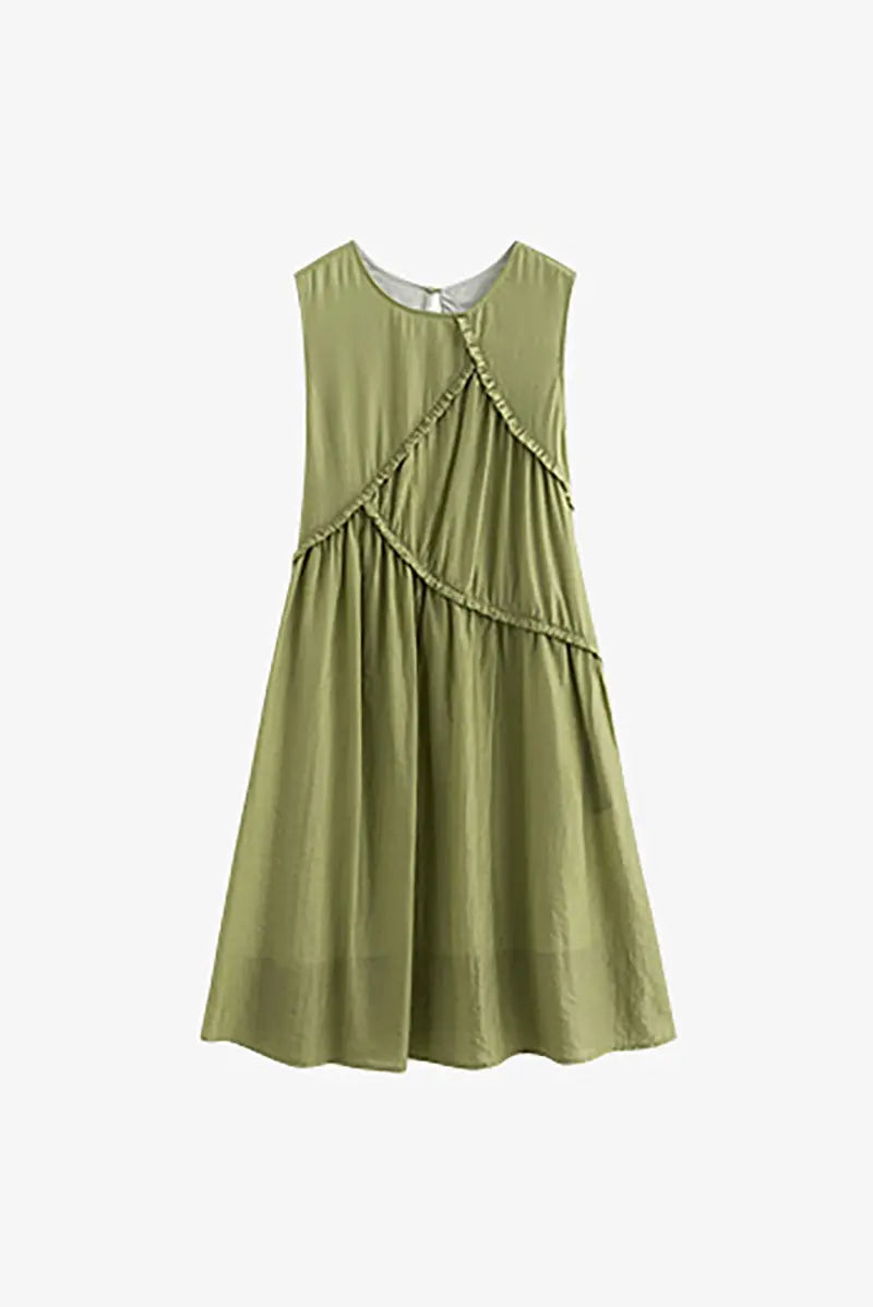 Sage Green Lyocell Sleeveless Ruffle-Detail Midi Dress