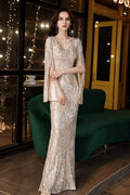 Champagne Sequin-Embellished Mermaid Evening Gown