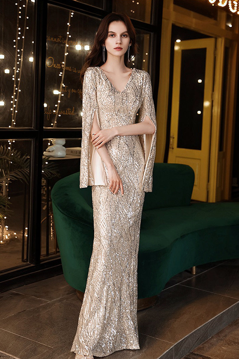 Champagne Sequin-Embellished Mermaid Evening Gown