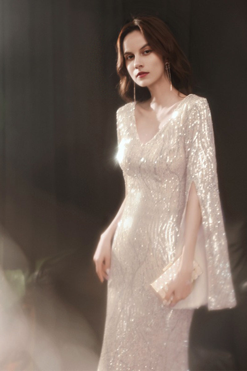 Champagne Sequin-Embellished Mermaid Evening Gown