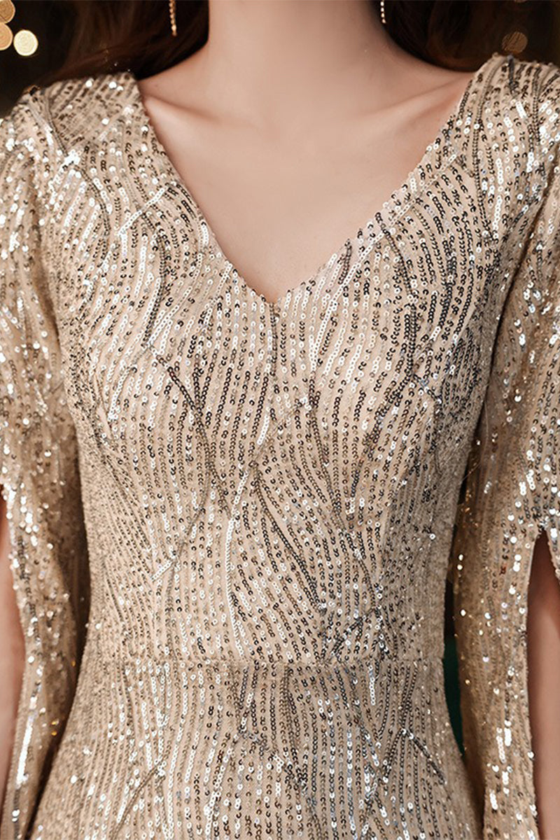 Champagne Sequin-Embellished Mermaid Evening Gown