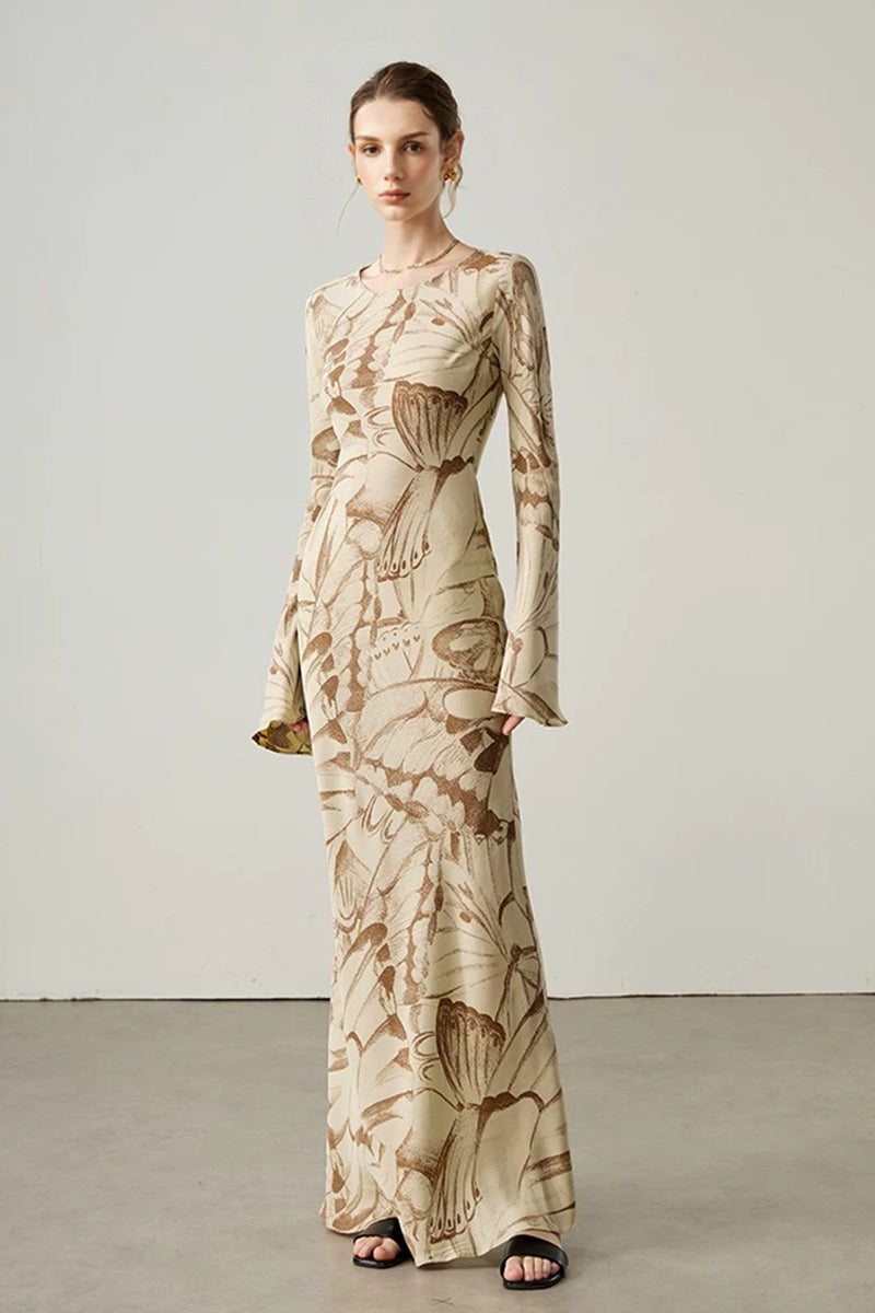 Elegant Silk Floral Long Sleeve Maxi Dress