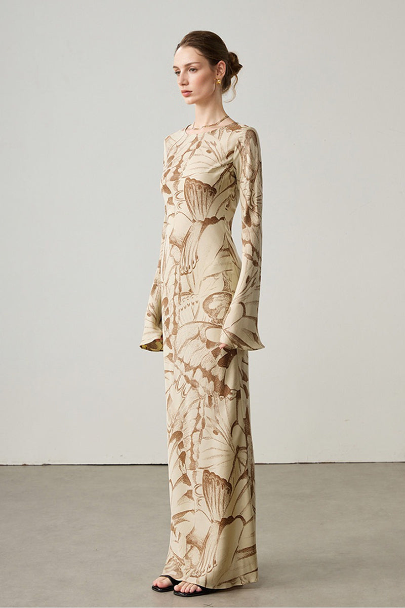 Elegant Silk Floral Long Sleeve Maxi Dress