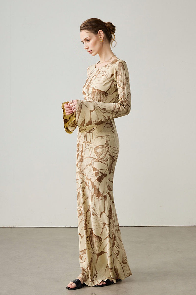 Elegant Silk Floral Long Sleeve Maxi Dress