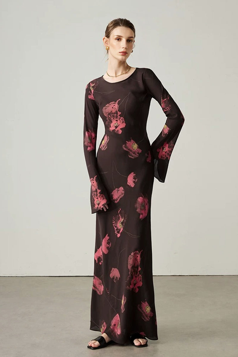 Elegant Silk Floral Long Sleeve Maxi Dress