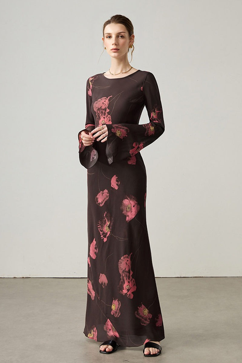 Elegant Silk Floral Long Sleeve Maxi Dress
