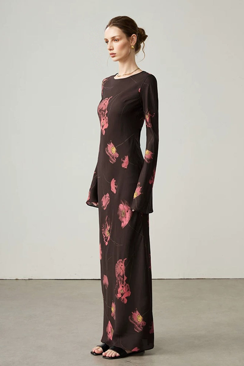 Elegant Silk Floral Long Sleeve Maxi Dress