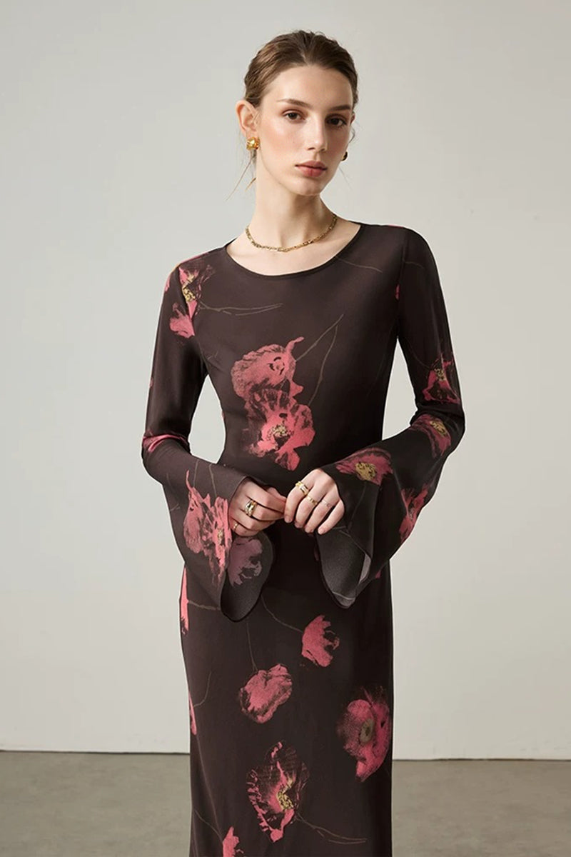 Elegant Silk Floral Long Sleeve Maxi Dress