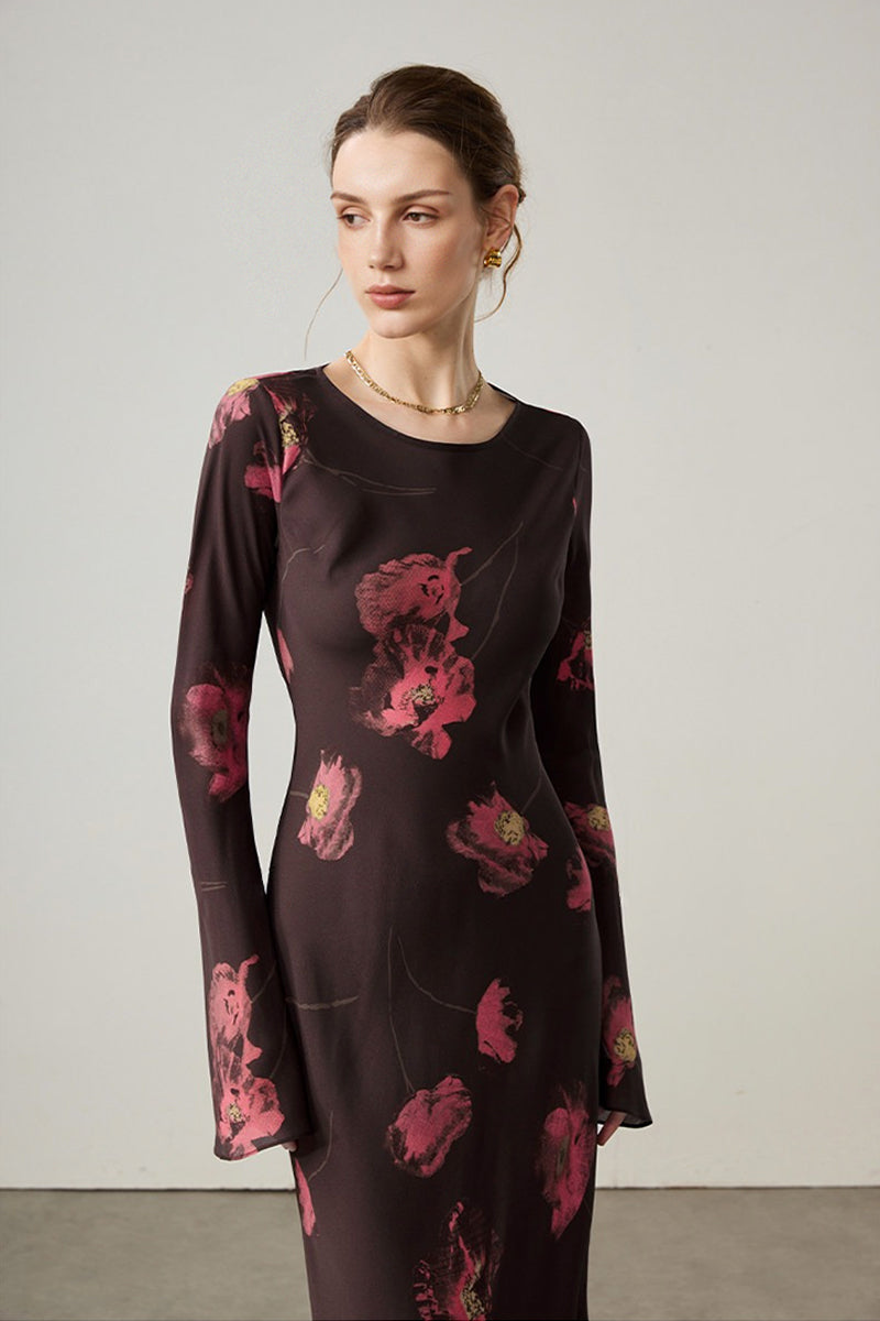 Elegant Silk Floral Long Sleeve Maxi Dress