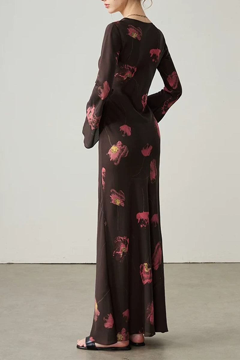 Elegant Silk Floral Long Sleeve Maxi Dress
