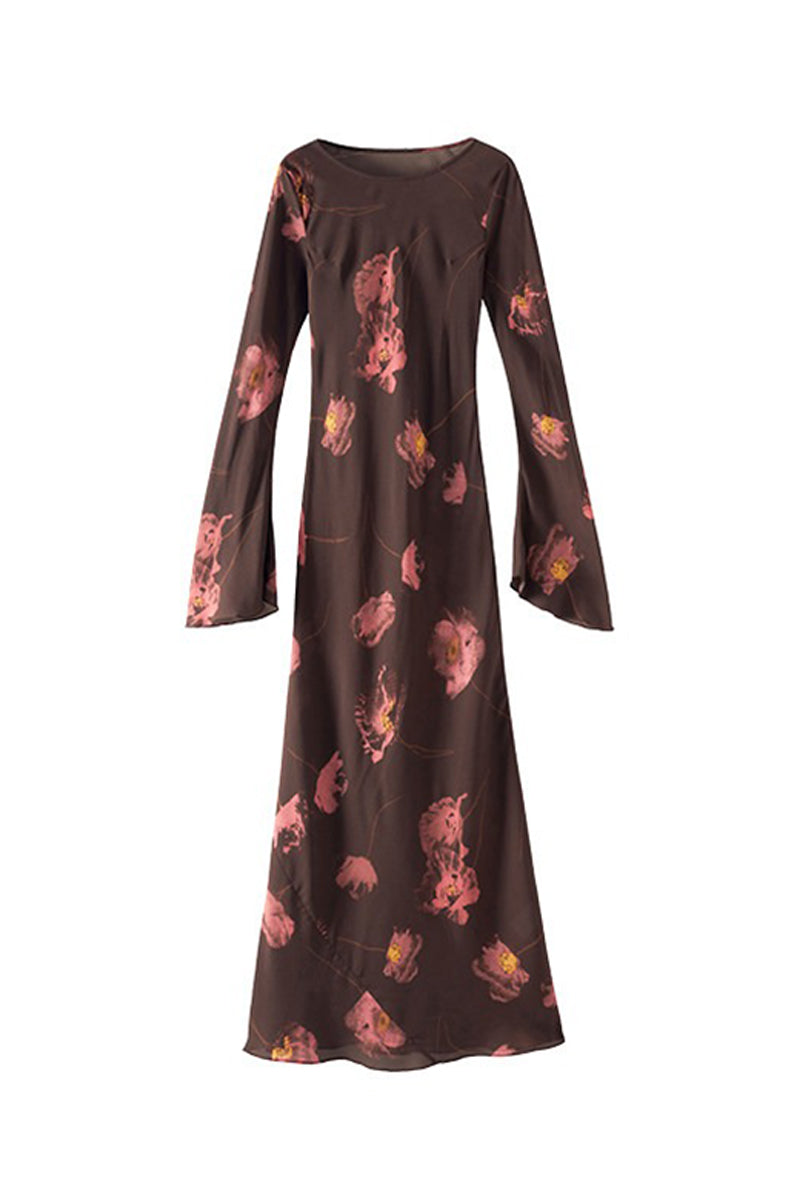 Elegant Silk Floral Long Sleeve Maxi Dress