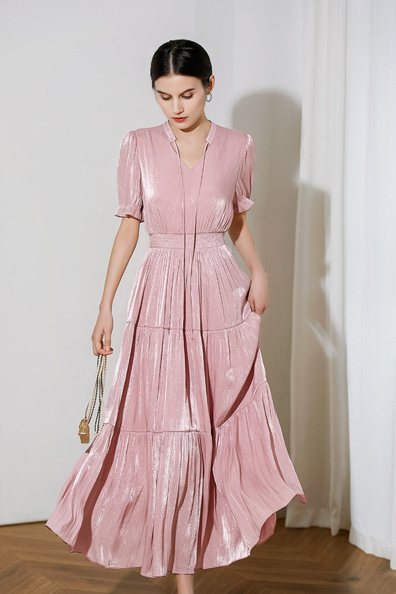 Pink Silky Tiered Puff-Sleeve Maxi Dress