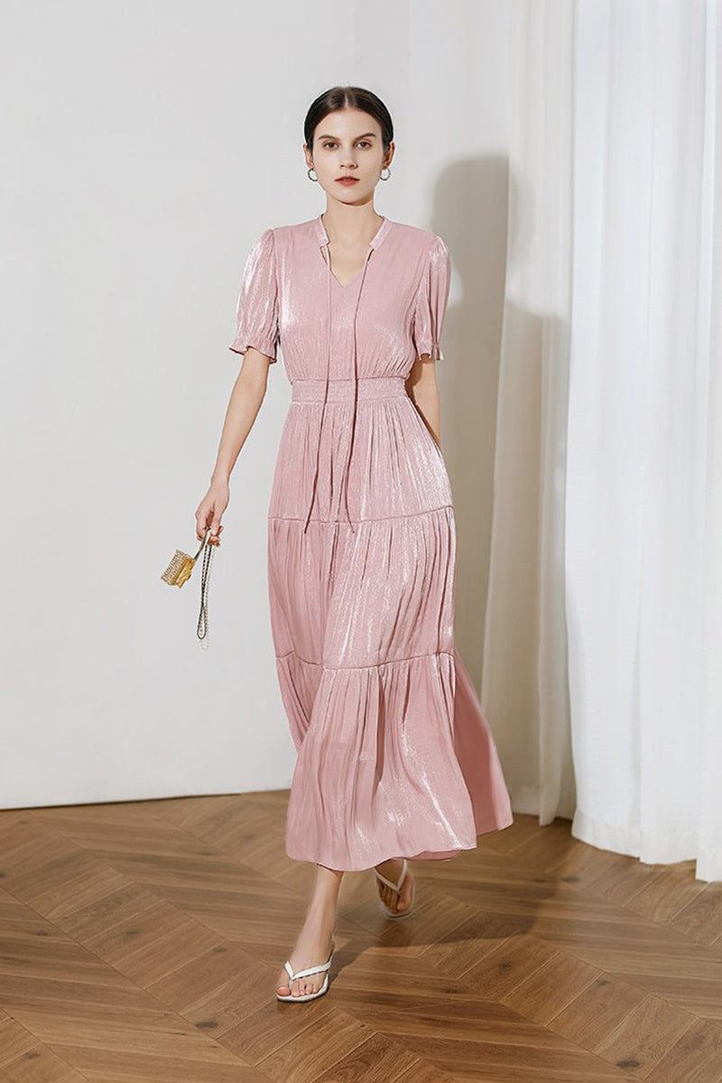 Pink Silky Tiered Puff-Sleeve Maxi Dress