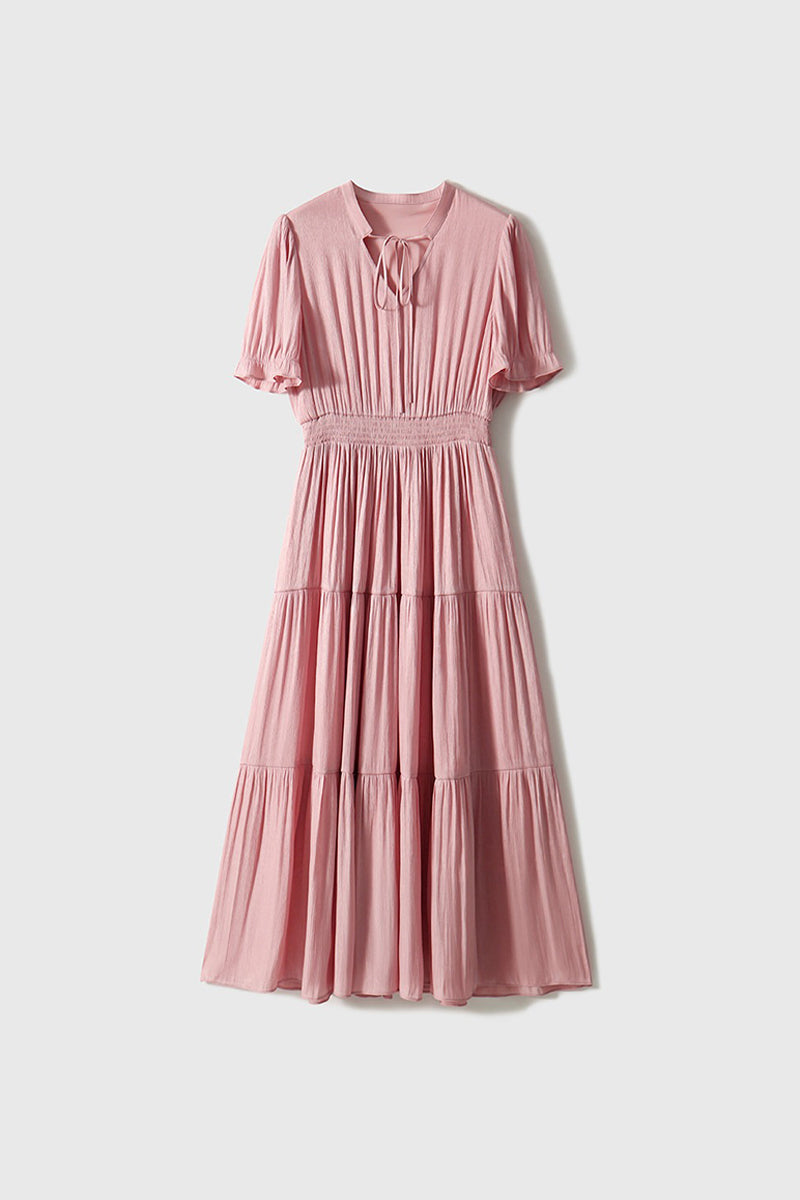 Pink Silky Tiered Puff-Sleeve Maxi Dress