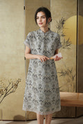 Qipao-Inspired Floral Midi Dress in Linen-Silk Blend