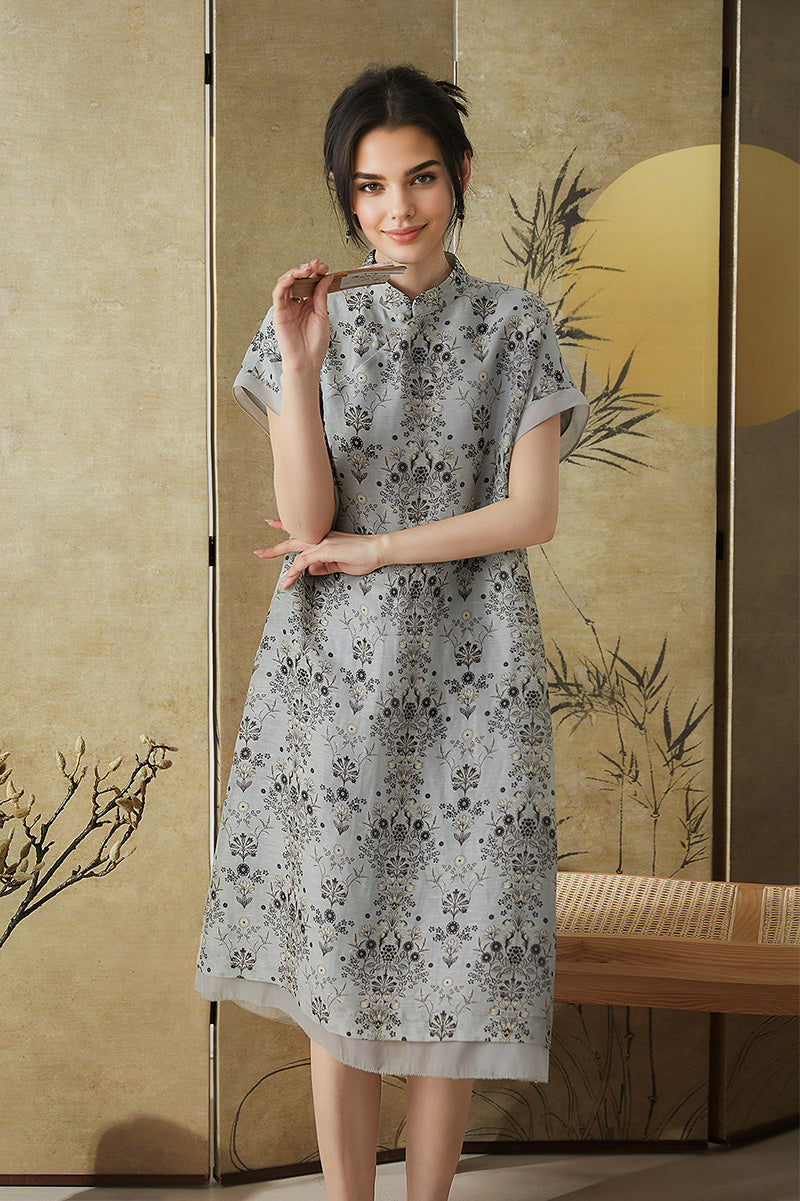 Qipao-Inspired Floral Midi Dress in Linen-Silk Blend