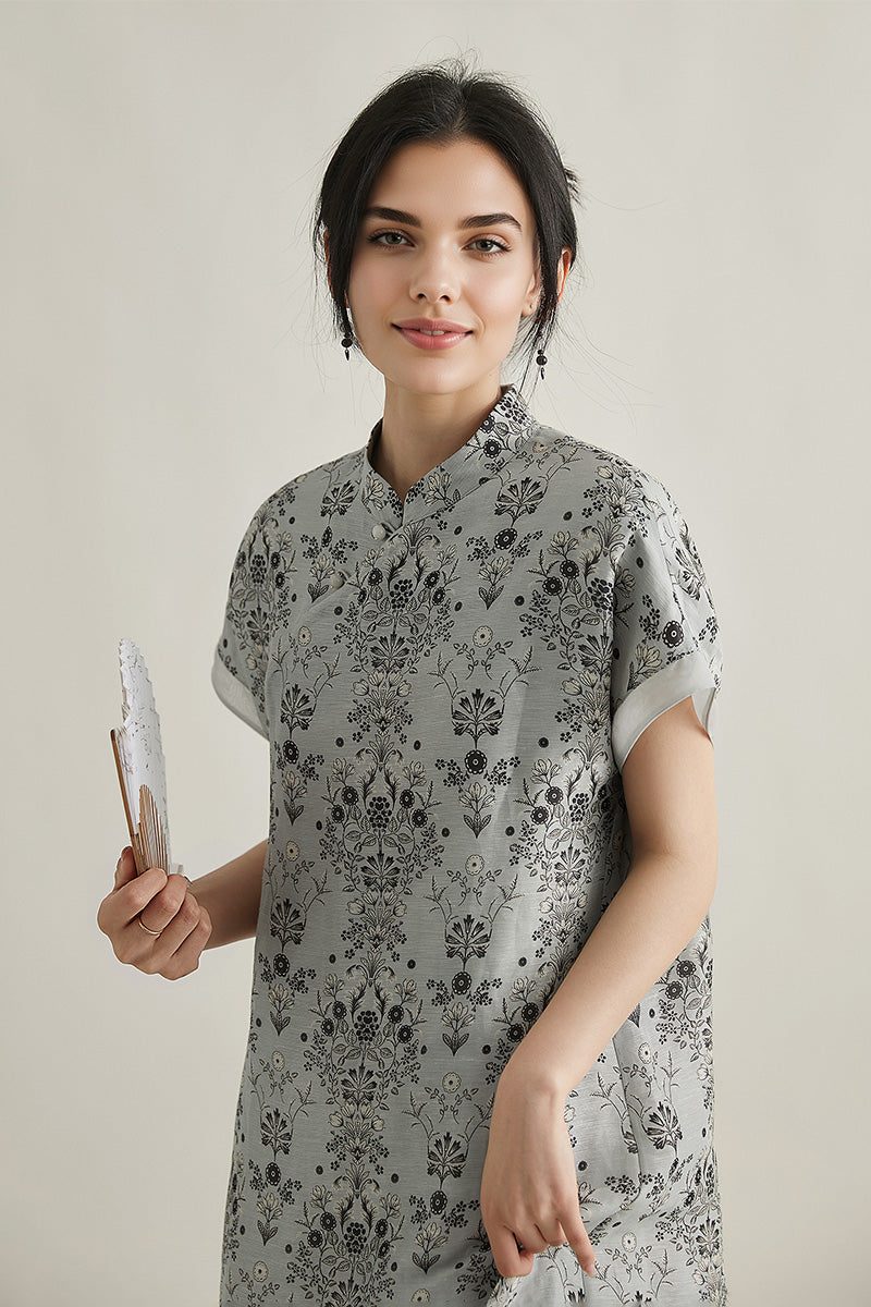 Qipao-Inspired Floral Midi Dress in Linen-Silk Blend