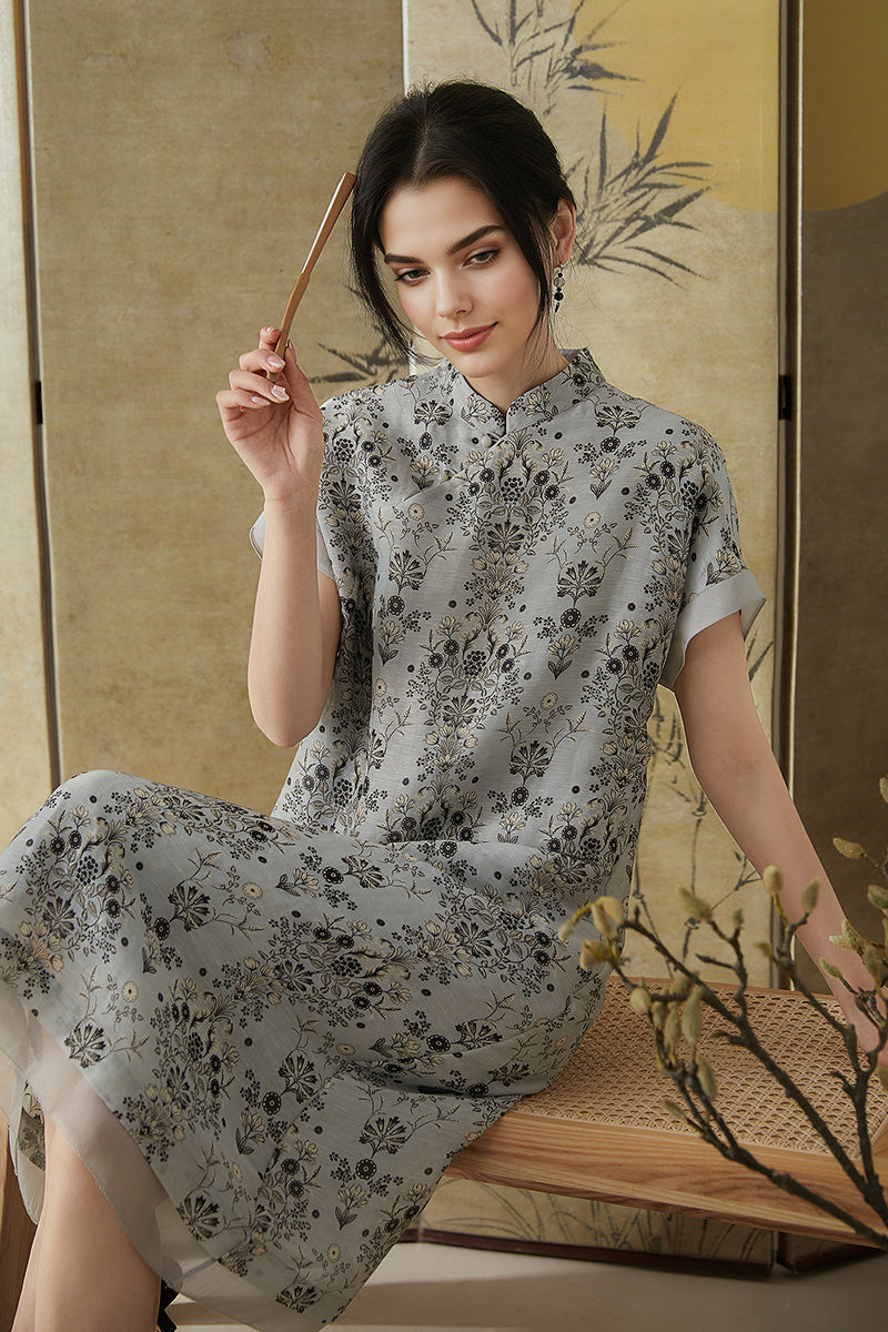 Qipao-Inspired Floral Midi Dress in Linen-Silk Blend