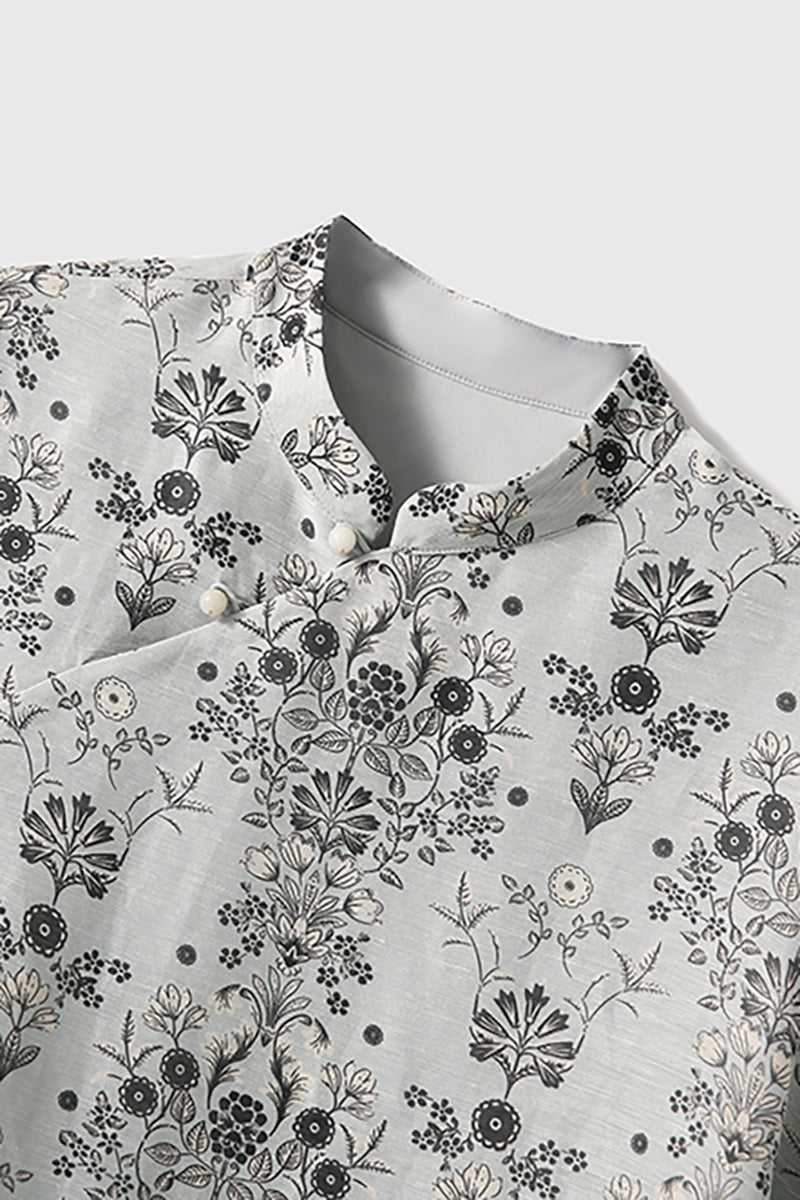 Qipao-Inspired Floral Midi Dress in Linen-Silk Blend