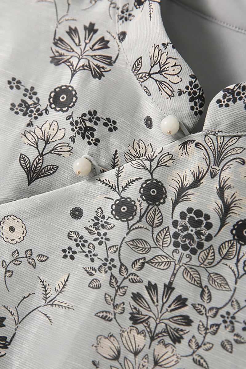 Qipao-Inspired Floral Midi Dress in Linen-Silk Blend
