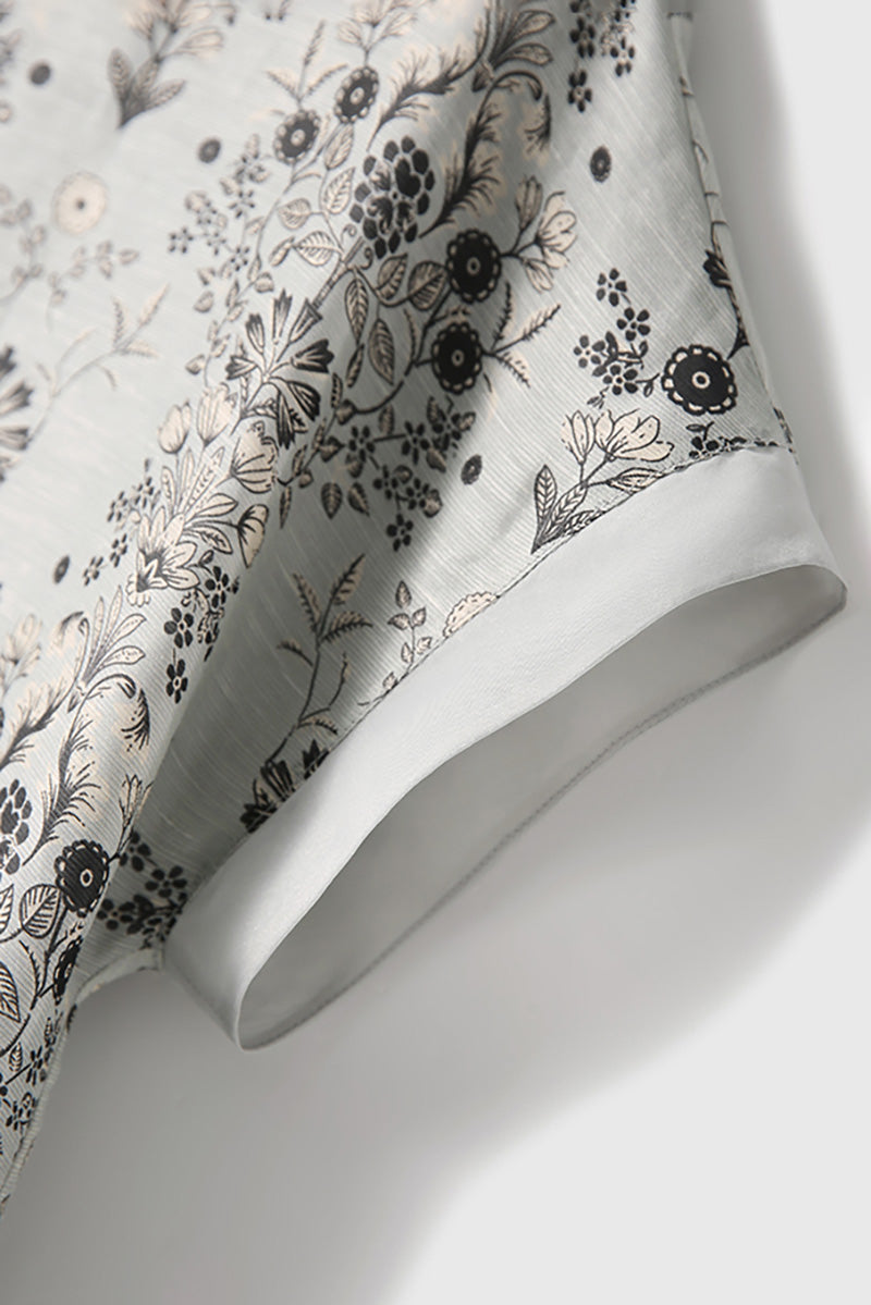 Qipao-Inspired Floral Midi Dress in Linen-Silk Blend