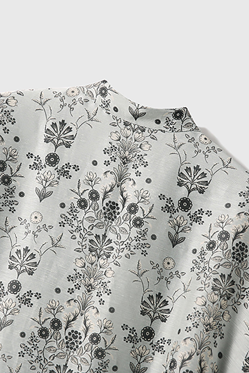 Qipao-Inspired Floral Midi Dress in Linen-Silk Blend
