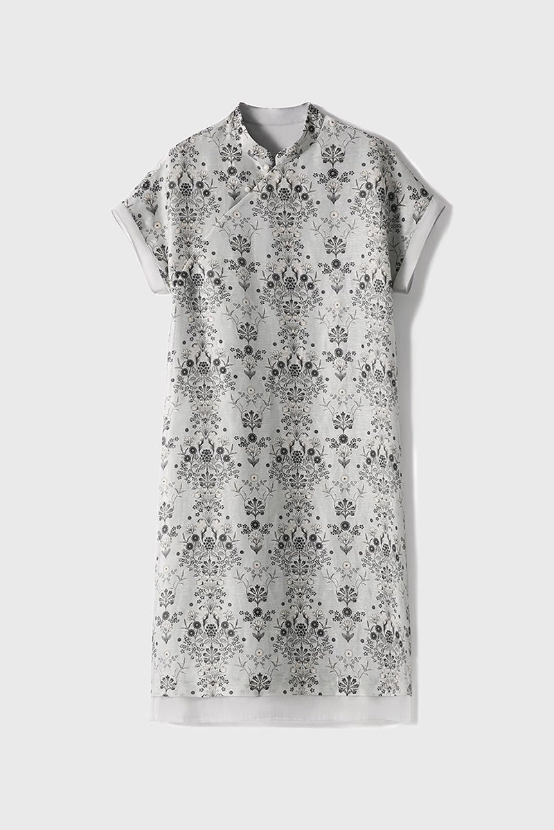 Qipao-Inspired Floral Midi Dress in Linen-Silk Blend