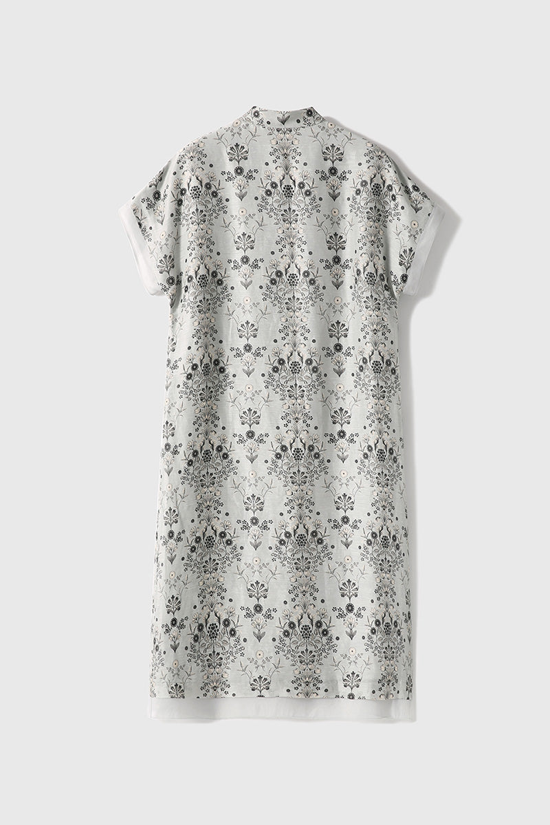 Qipao-Inspired Floral Midi Dress in Linen-Silk Blend